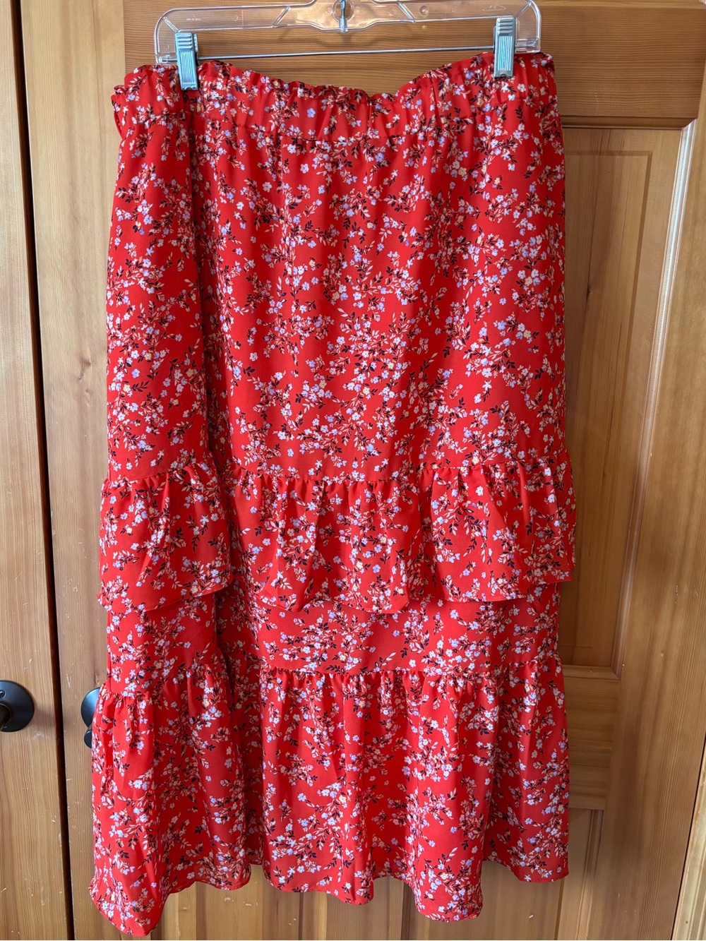 Ann Taylor XLT Red Floral Ruffle Tiered Midi Skirt